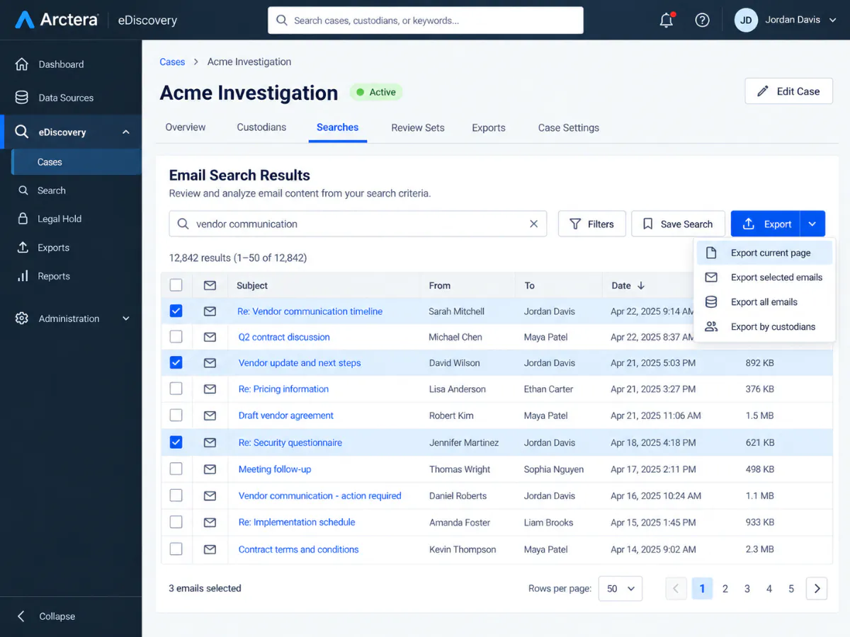 Arctera email search results with the Export menu open showing current page, selected, all emails and by custodians