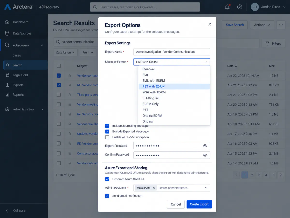 Arctera Export Options dialog with the Message Format list open and PST with EDRM highlighted