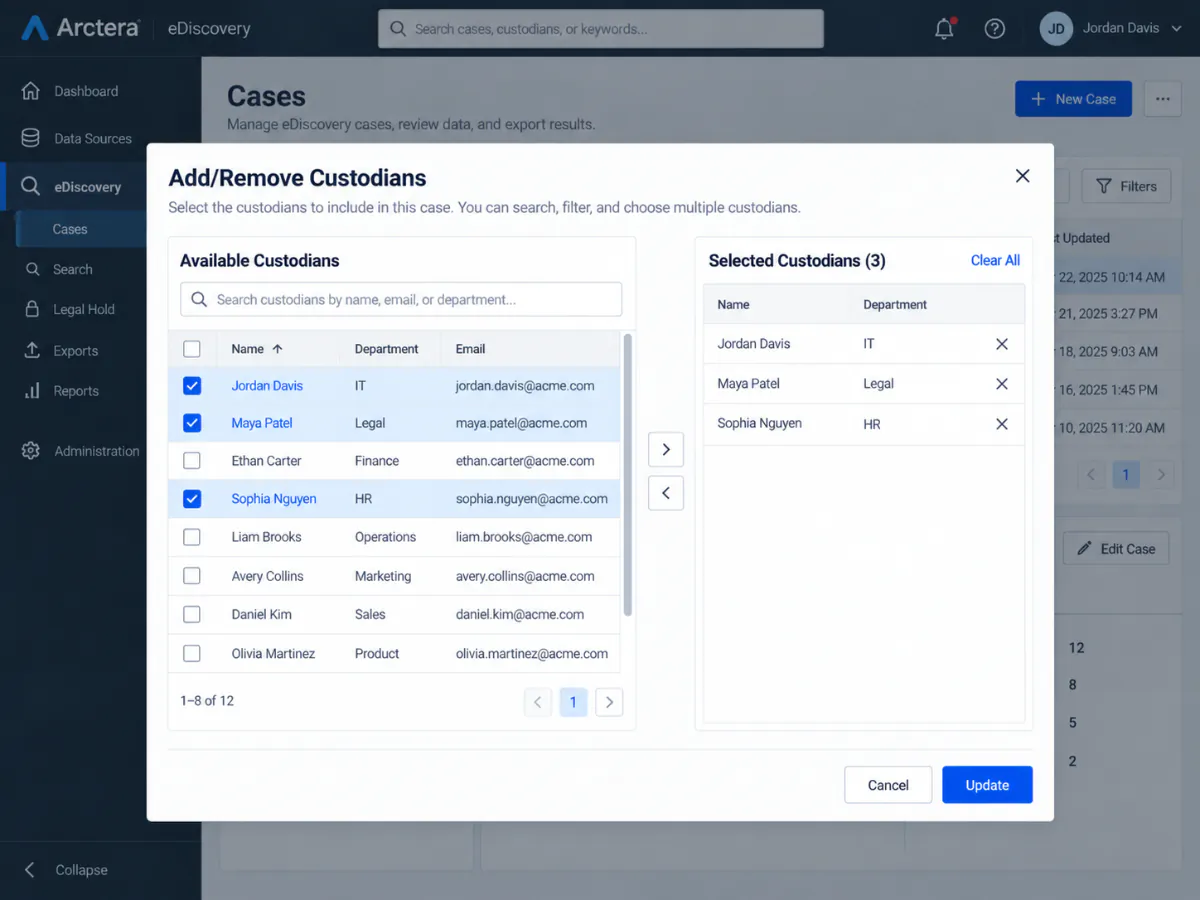 Arctera eDiscovery Add/Remove Custodians dialog with three custodians selected for export