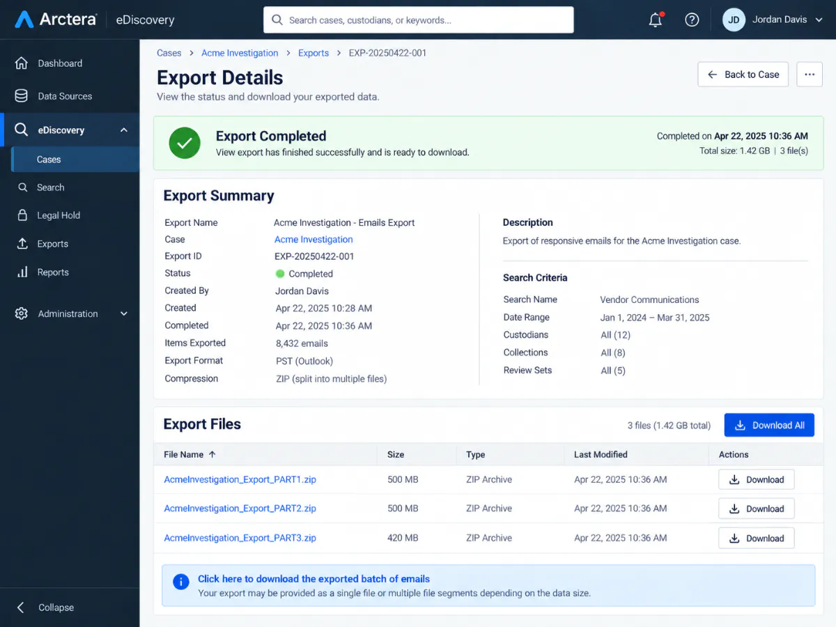 Arctera Export Details page showing Export Completed, 8,432 items in PST format and three ZIP parts to download