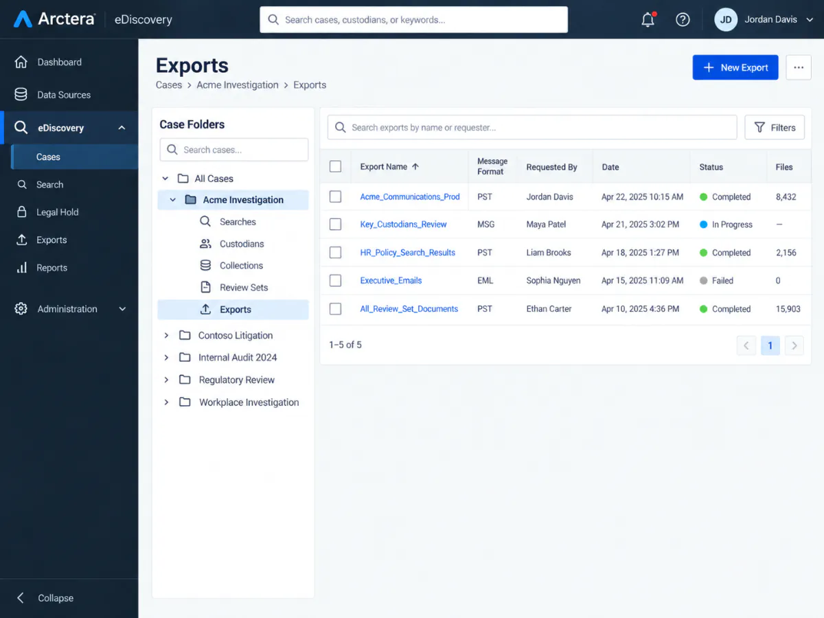 Arctera Exports page listing five export batches with their message format, status and file count