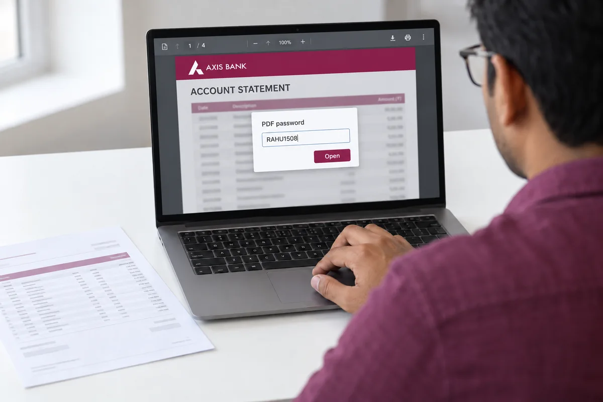 A laptop shows an Axis Bank account statement PDF with the PDF password prompt and example RAHU1508