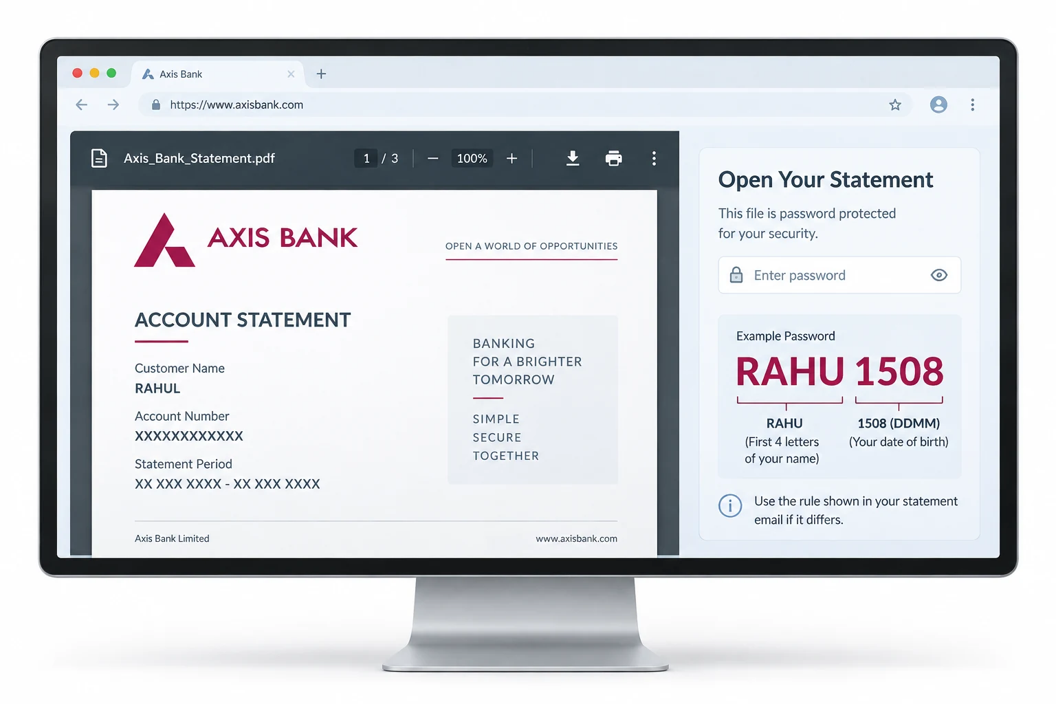Axis Bank statement example with the fictional code RAHU1508, showing four name letters followed by day and month.