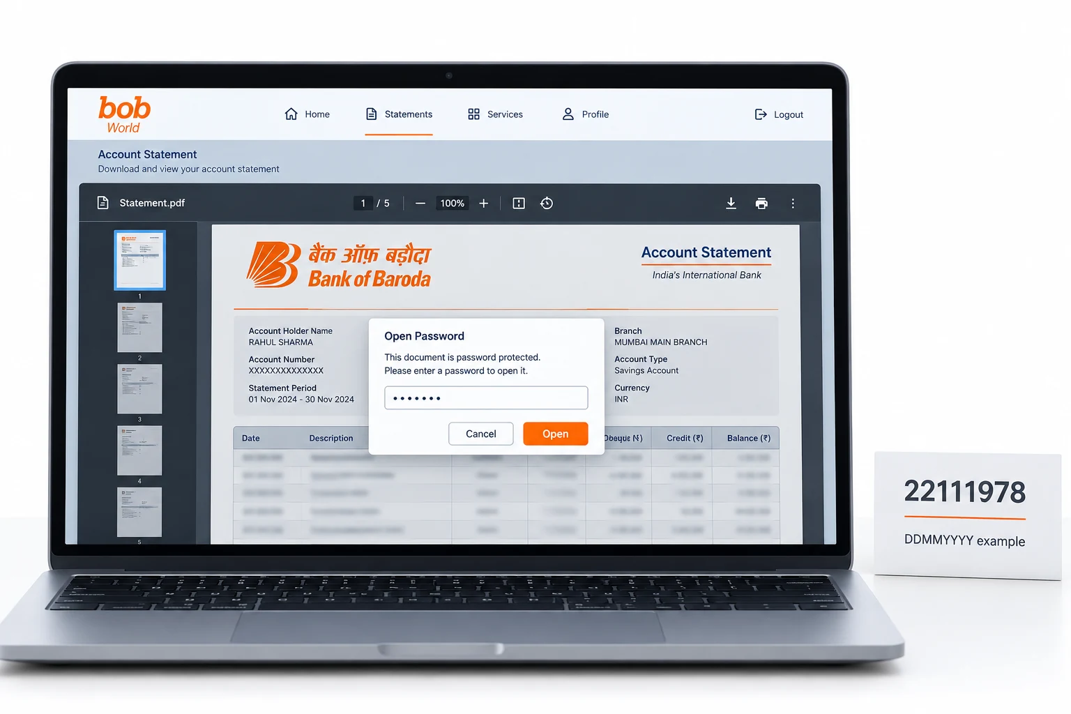 Bank of Baroda statement PDF sample showing a fictional date-of-birth password.