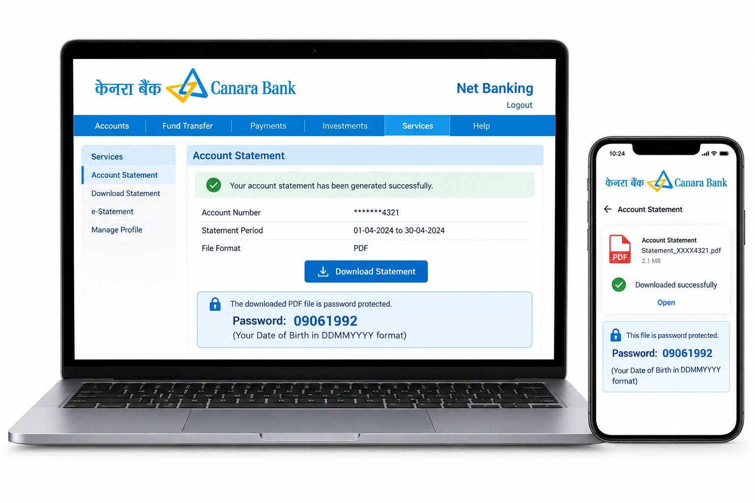 Canara Bank statement sample showing a date-of-birth password in DDMMYYYY format.