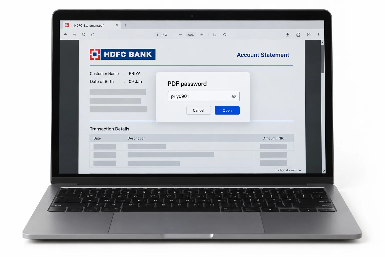 Fictional HDFC Bank statement PDF with the password prompt showing the example priy0901.