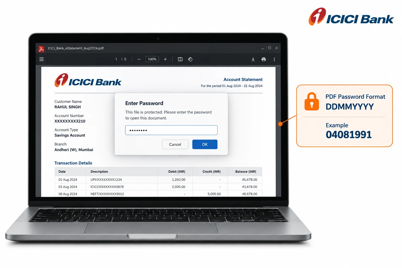 ICICI Bank statement sample with a password prompt and a date-of-birth example in DDMMYYYY format.