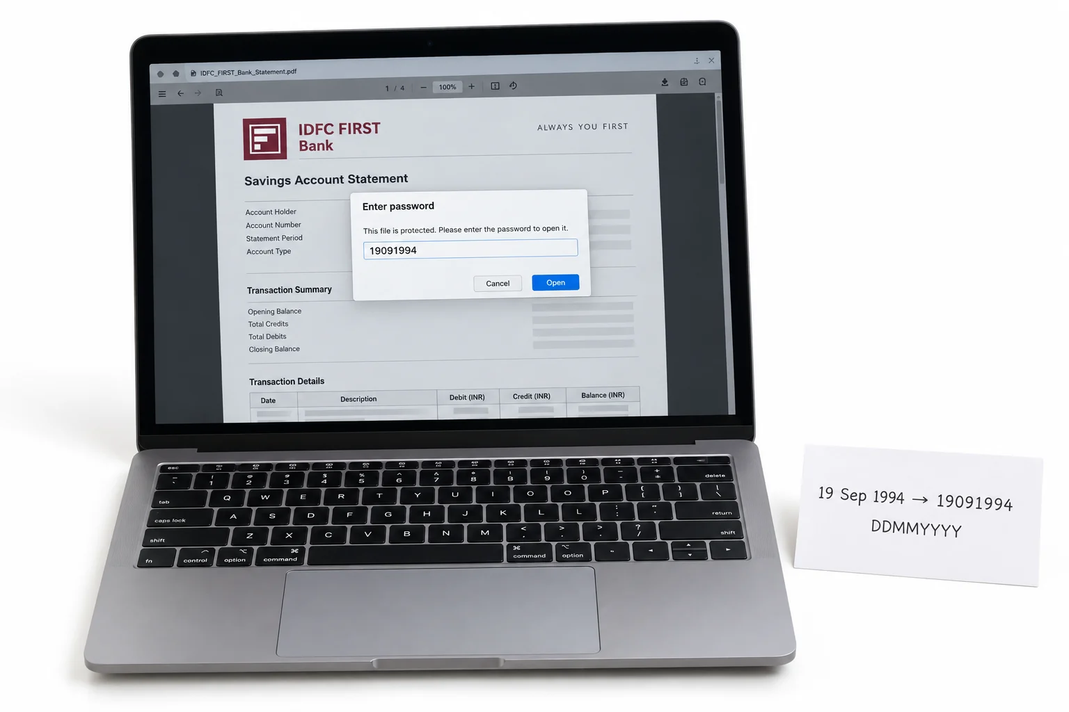 Fictional IDFC FIRST Bank statement PDF password prompt showing 19091994 for 19 September 1994.