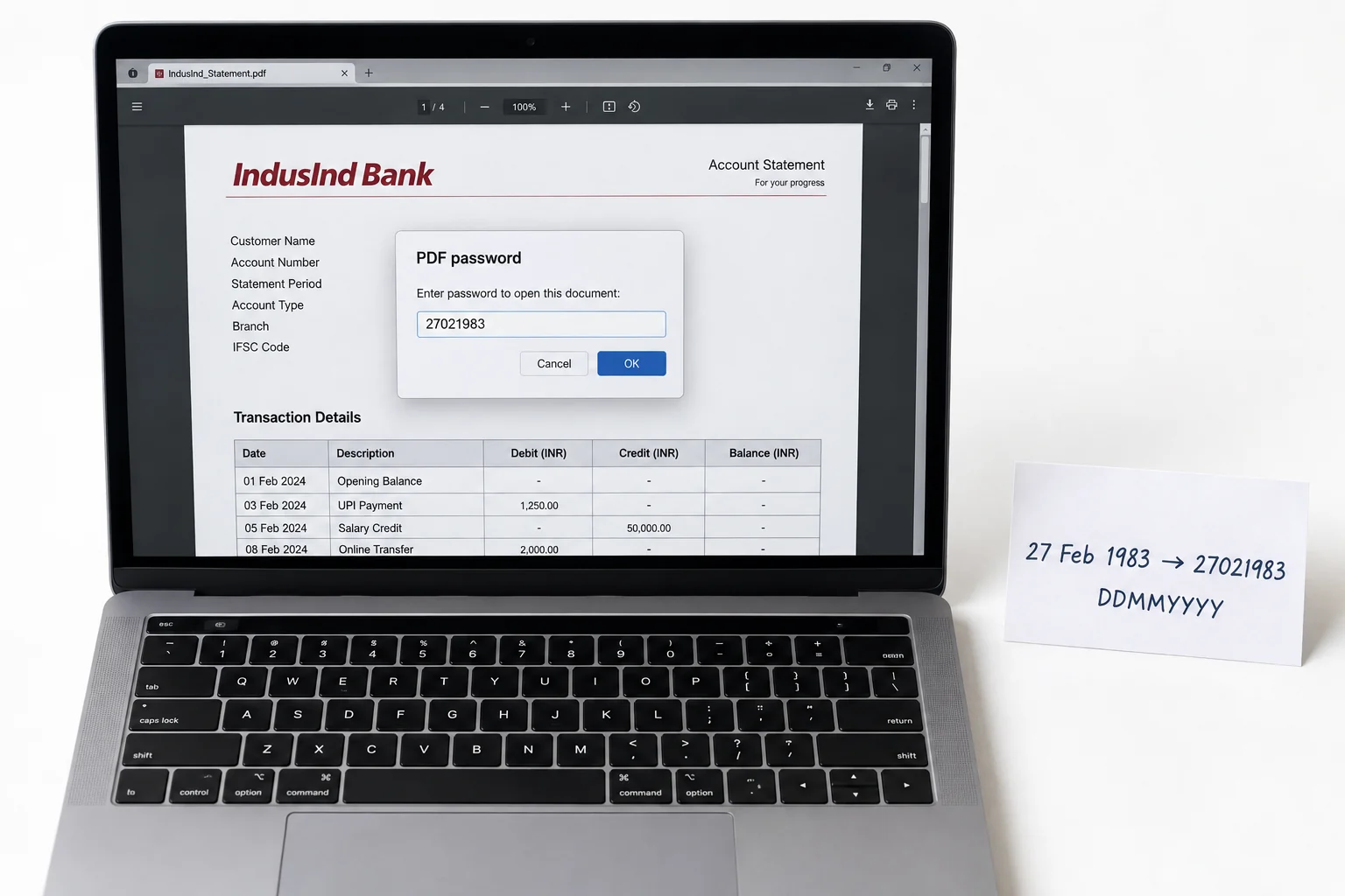 Fictional IndusInd Bank statement PDF password prompt showing 27021983 for 27 February 1983.