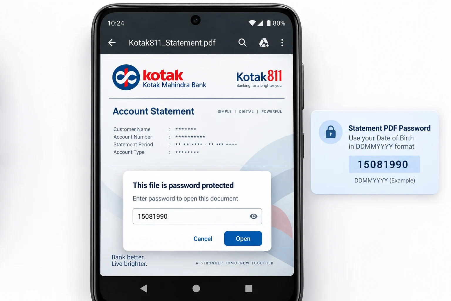 Kotak statement sample with the fictional date-of-birth code 15081990.