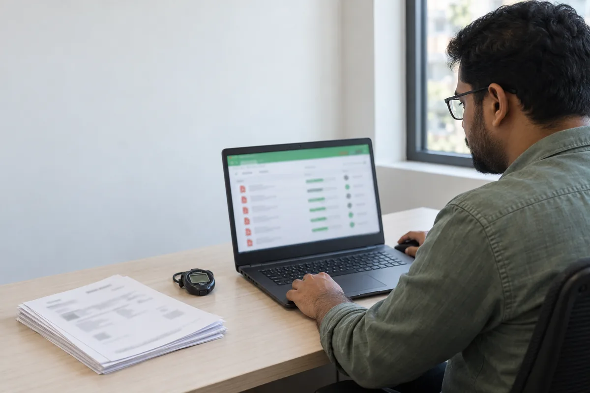 A person reviews a batch of bank statement PDFs on a laptop; statement and screen details are blurred