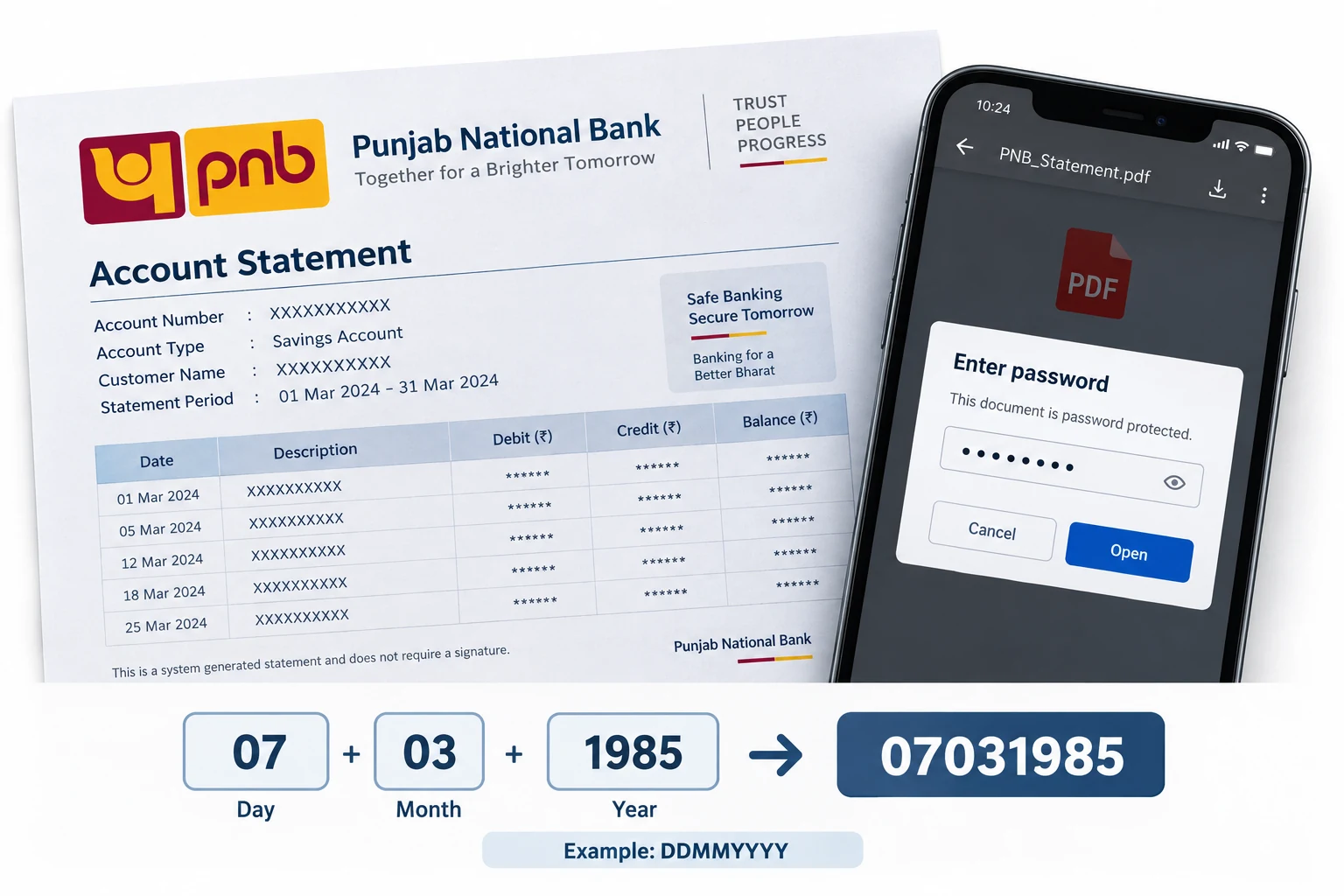PNB statement sample showing a date of birth broken into day, month and year for the PDF password.