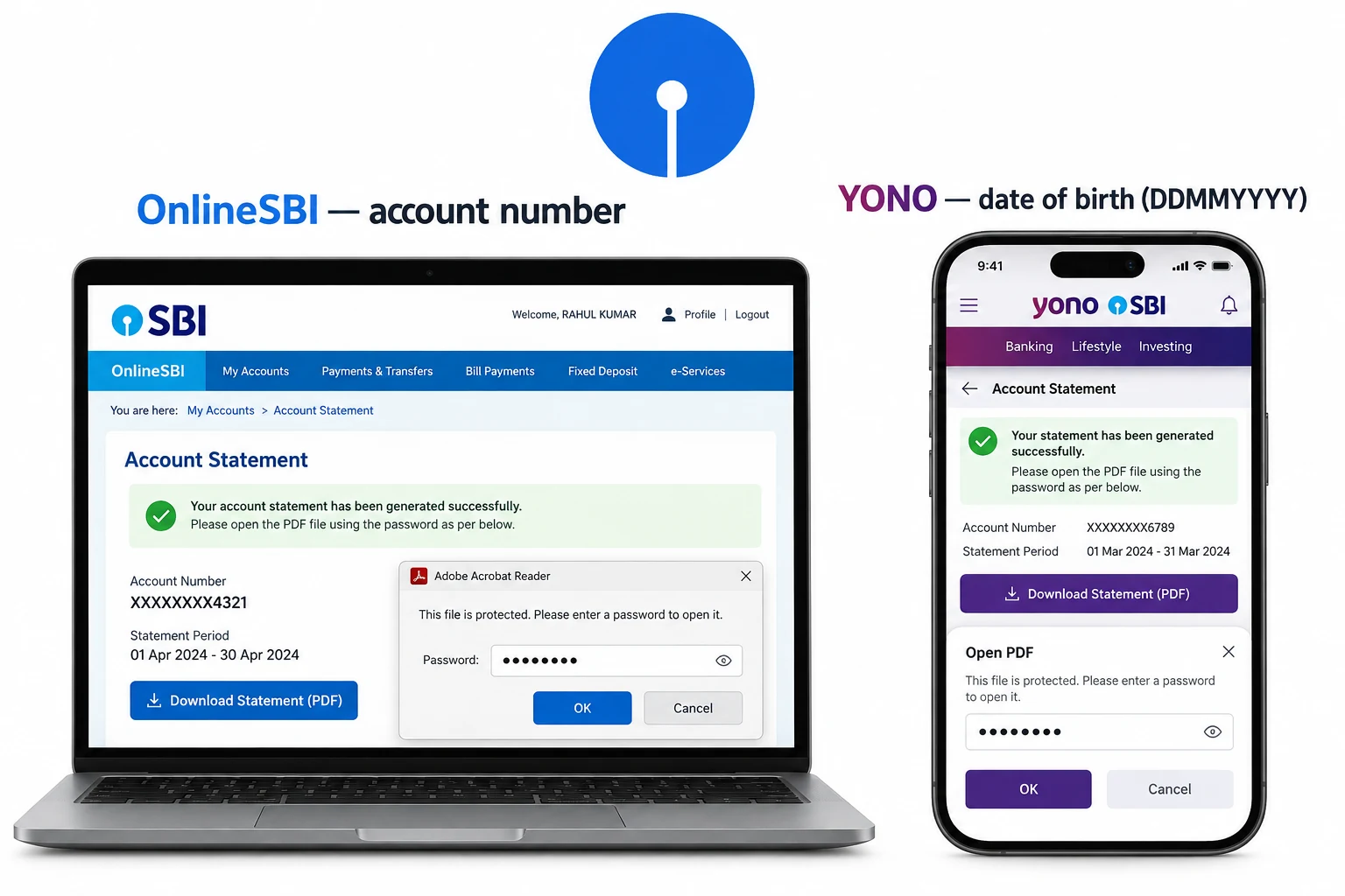 SBI OnlineSBI and YONO sample interfaces showing account-number and date-of-birth password formats.