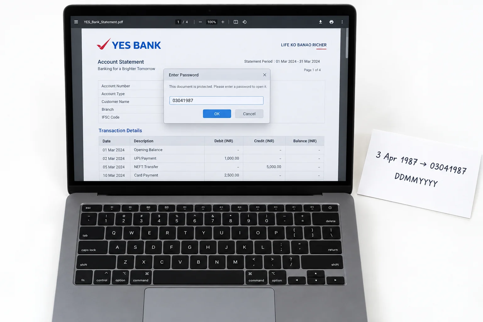 Fictional YES BANK statement PDF password prompt showing 03041987 for 3 April 1987.
