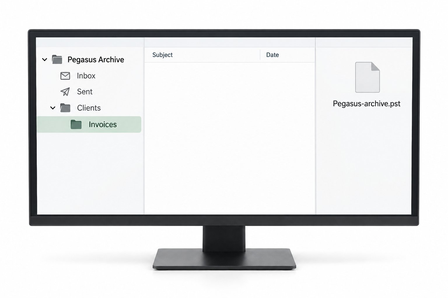A PST archive displayed with Inbox, Sent and nested Clients and Invoices folders.