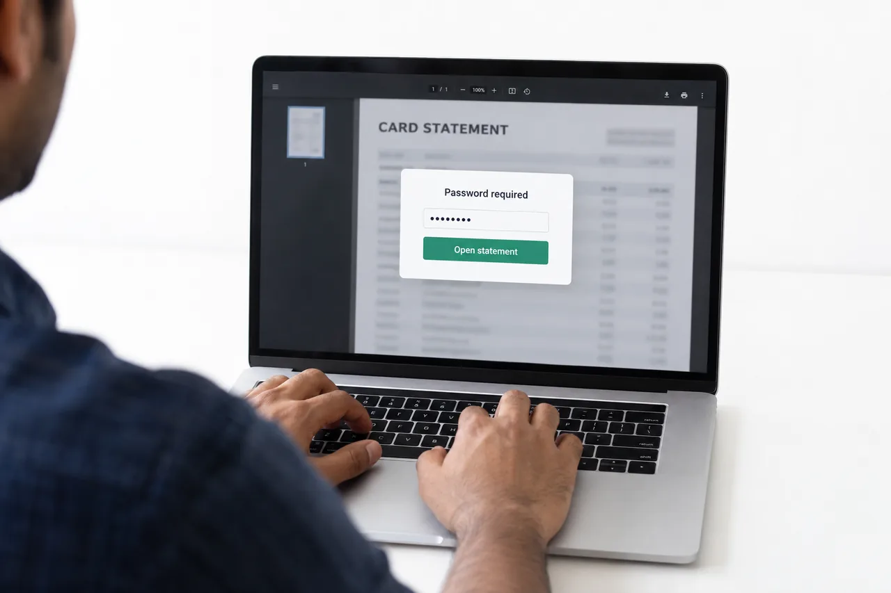 A person entering a password into a PDF prompt while a credit card statement remains blurred on a laptop