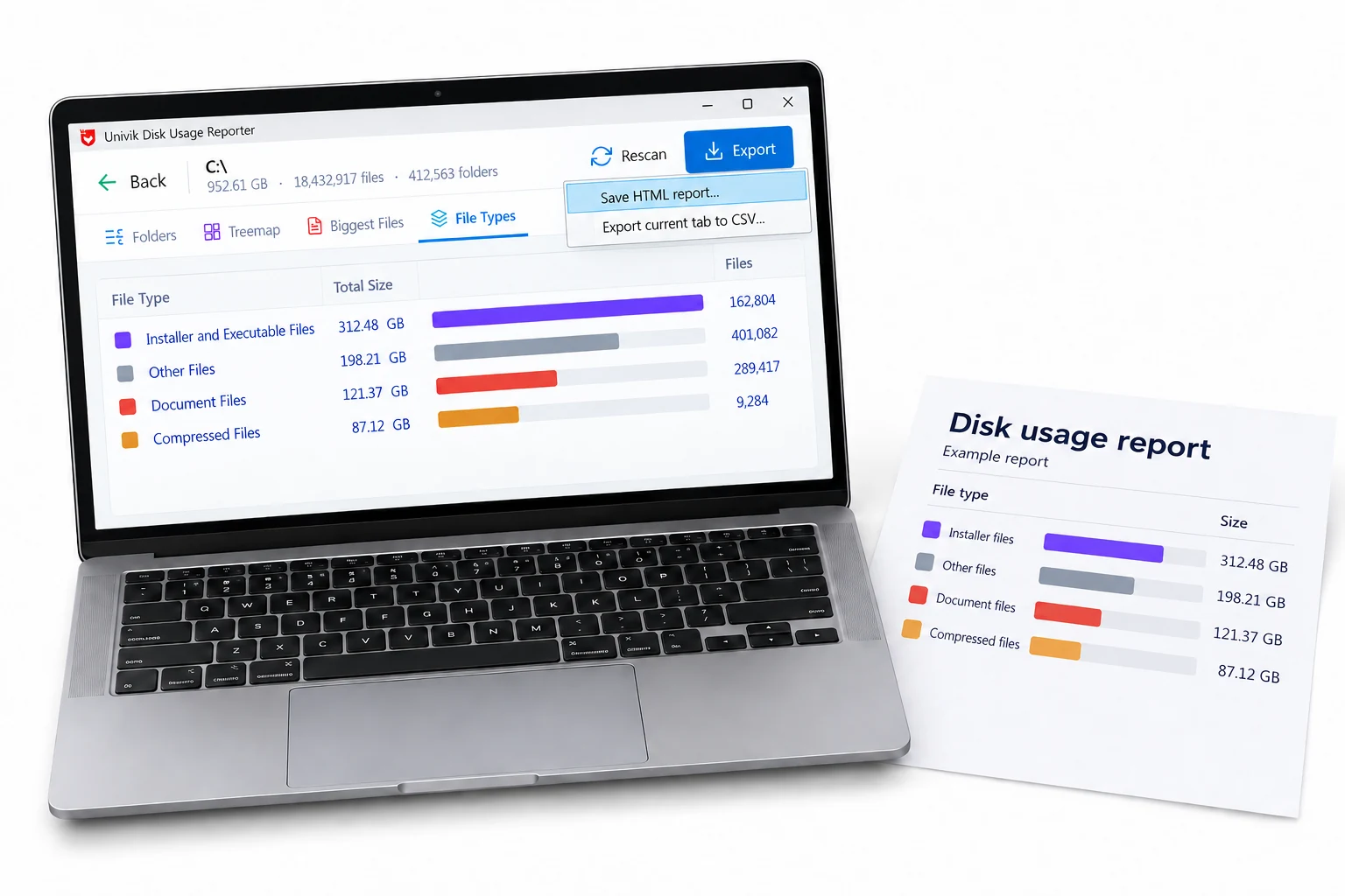 Univik Disk Usage Reporter export menu beside a matching printed file-type report.