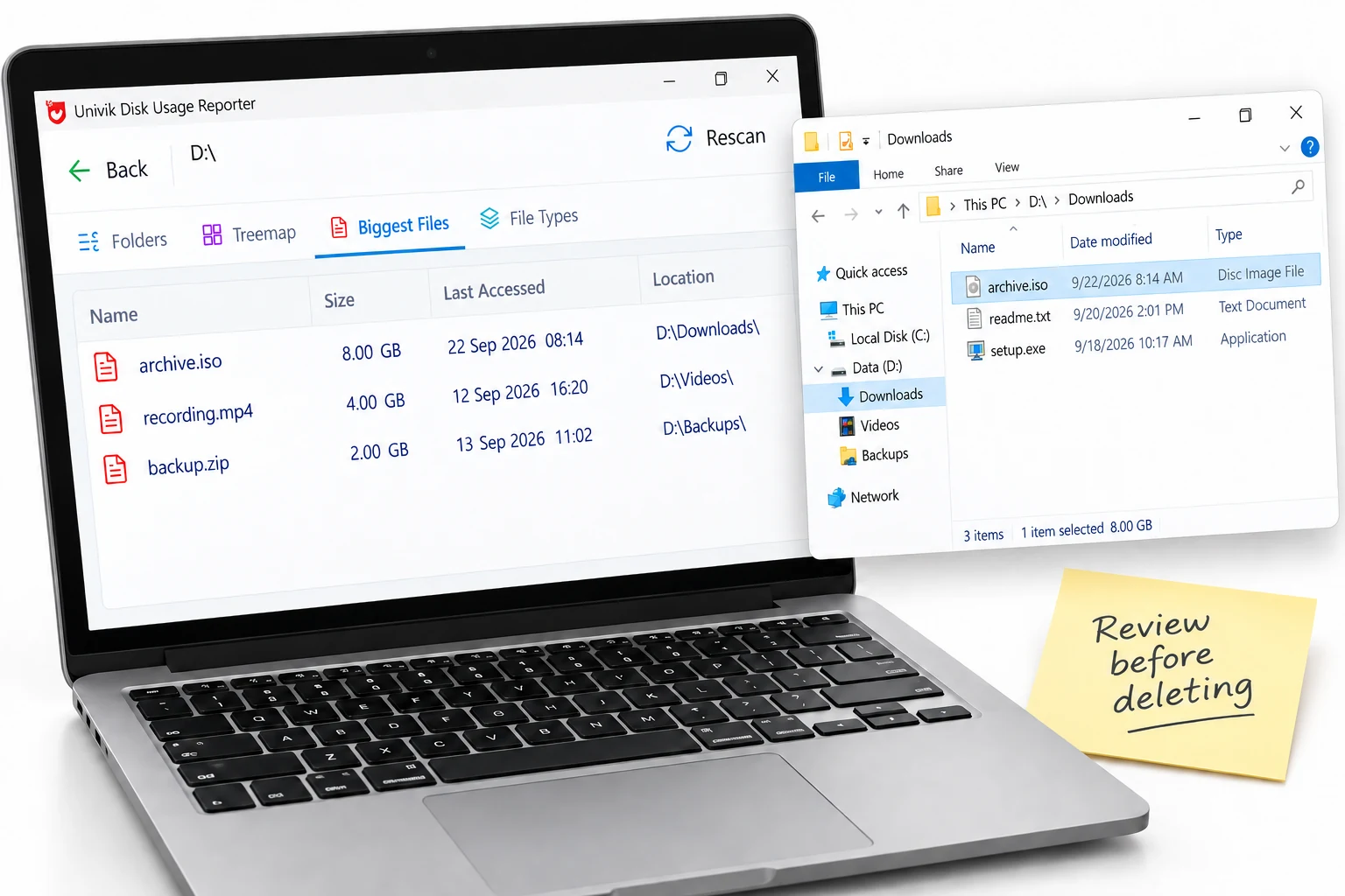 Univik biggest-files list beside the matching file selected in Windows Explorer.