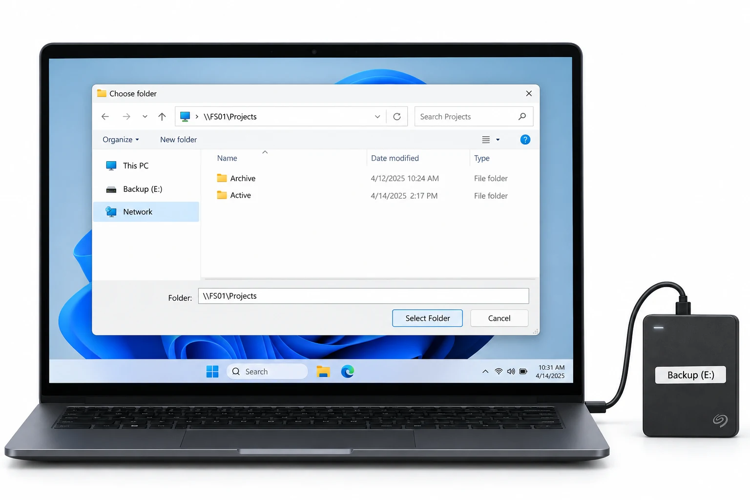 Confirm the external drive or network share in Explorer before choosing the scan location.