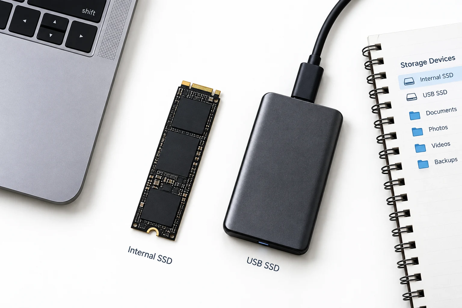An internal SSD adds installed storage; a USB SSD provides a separate place for larger files.
