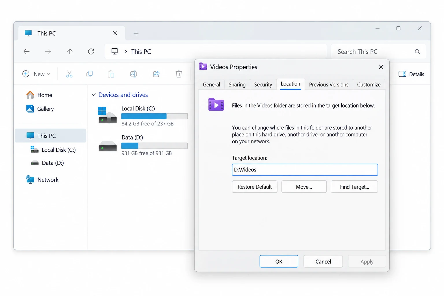 The Location tab moves a personal folder to another drive while keeping its familiar name.