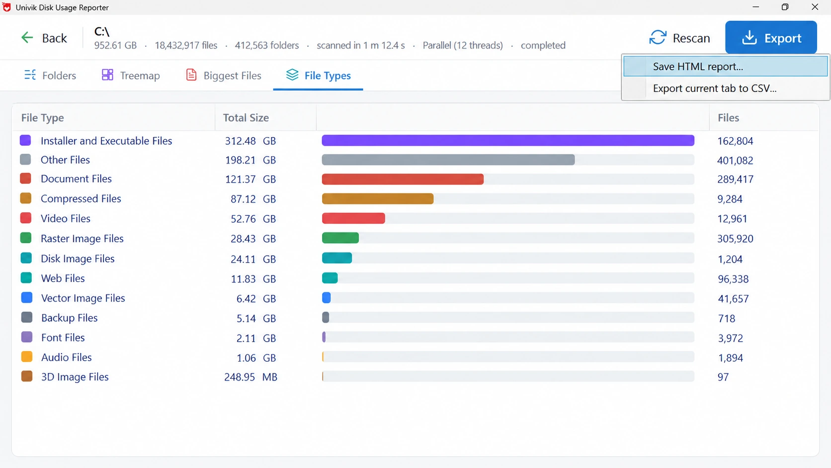 Export menu offering Save HTML report and Export current tab to CSV
