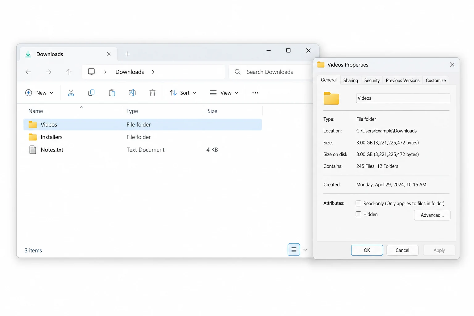 Windows Explorer with empty folder Size cells beside a Videos Properties dialog showing its total size.
