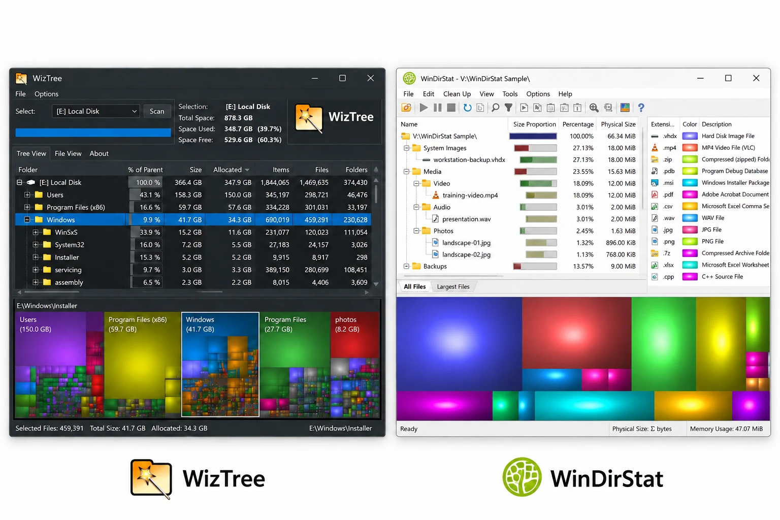 WizTree dark tree and treemap view beside WinDirStat light interface.