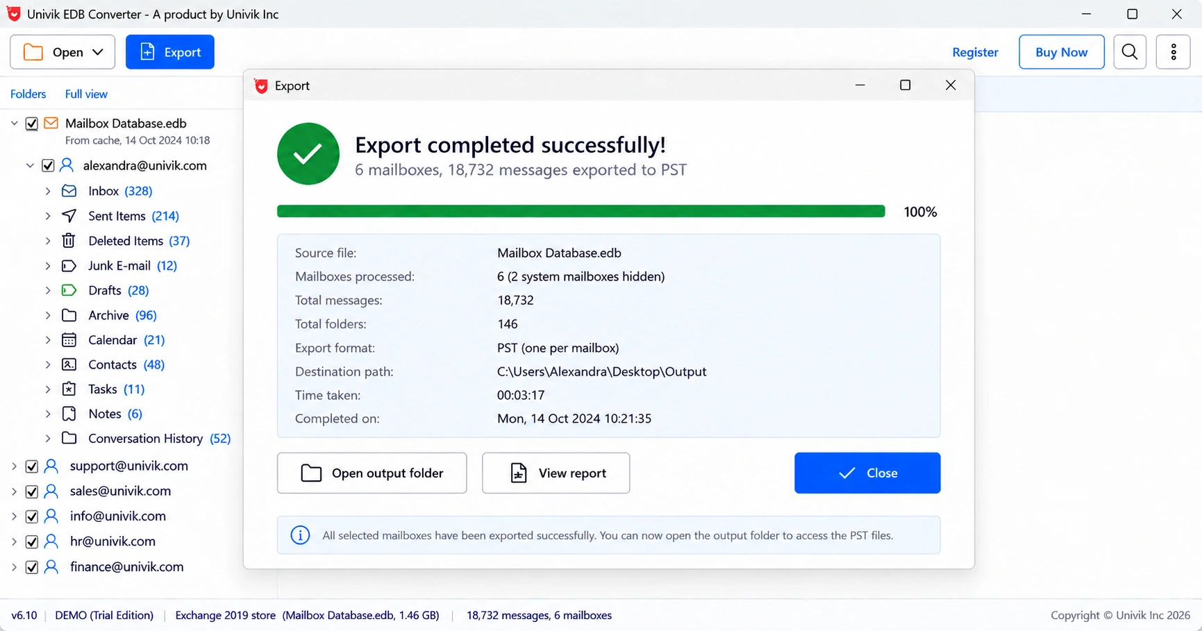 Export completed window in Univik EDB Converter after saving every mailbox of a database to PST
