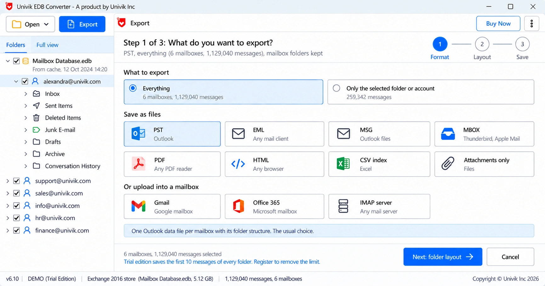 Export step 1 in Univik EDB Converter with PST and an IMAP server target