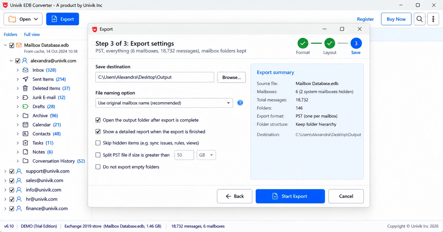 Export step 3 in Univik EDB Converter with save destination, mailbox file naming and the PST split option