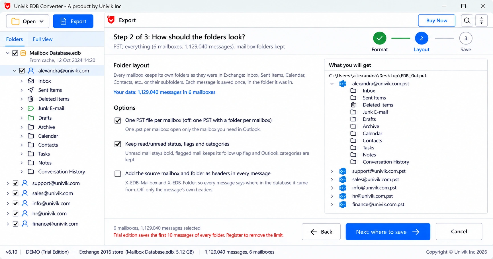 Export step 2 in Univik EDB Converter with options for one PST per mailbox and keeping flags and categories