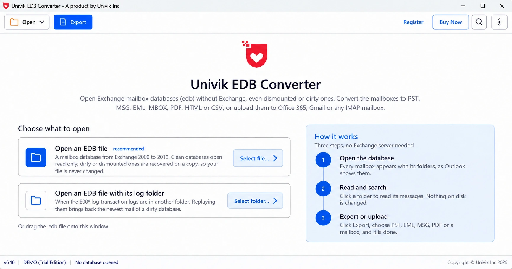 Univik EDB Converter start screen offering to open an EDB file on its own or with its log folder