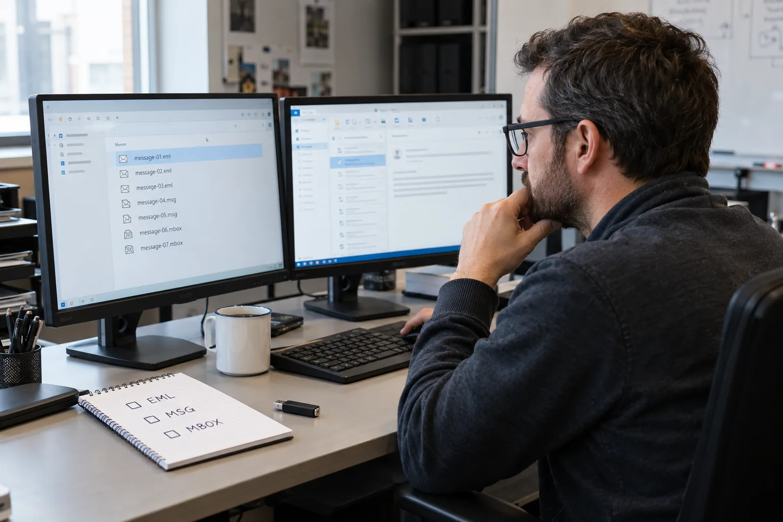 A mail administrator checks EML, MSG and MBOX exports on a workstation before opening them in the target mail app