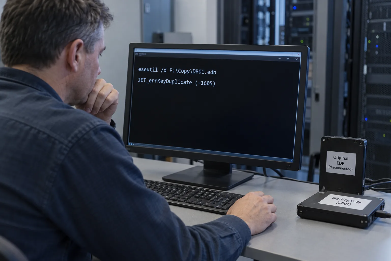 An Exchange administrator sees JET_errKeyDuplicate during offline defrag while keeping the original database disconnected