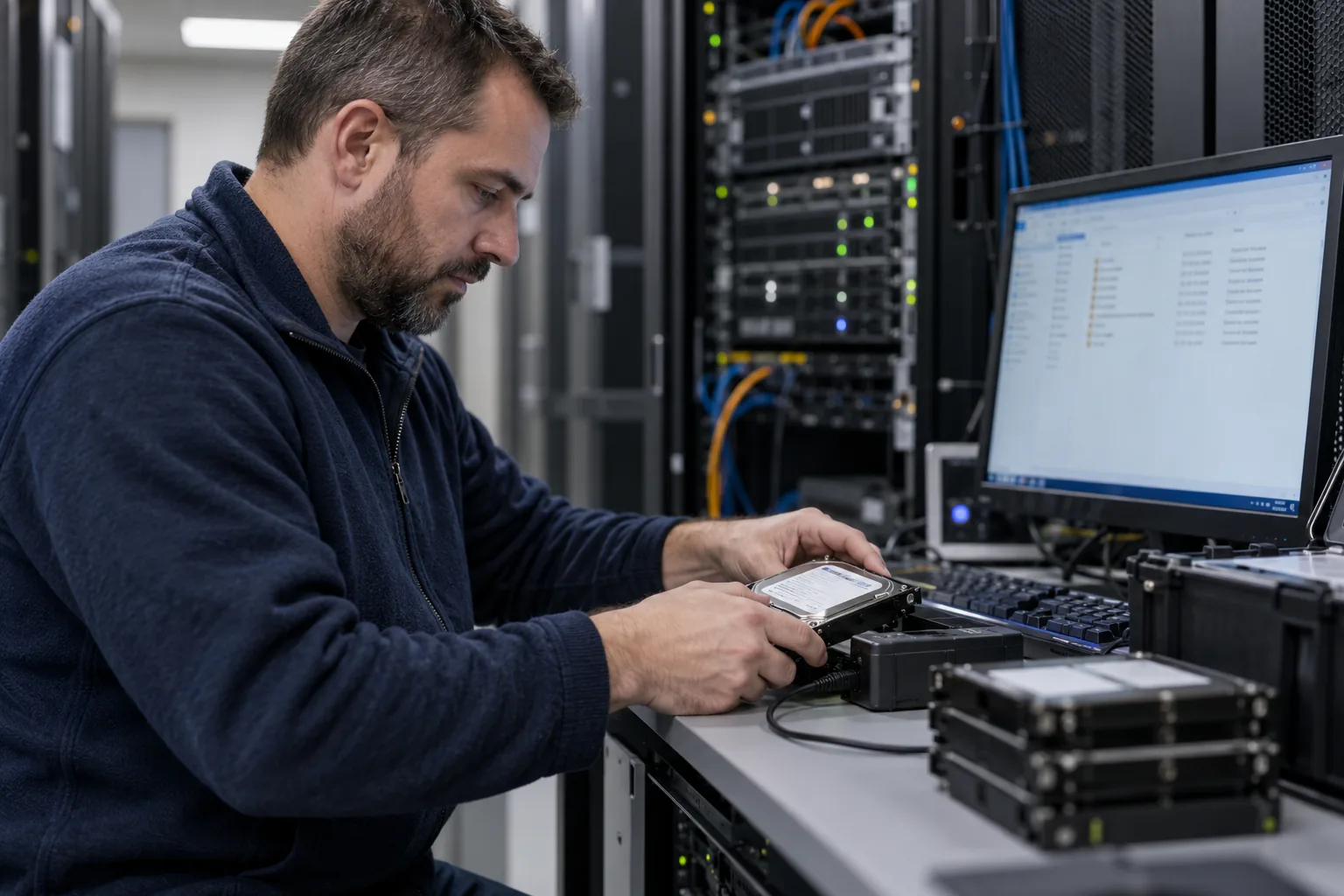An administrator copies a surviving Exchange server drive before rebuilding the crashed server