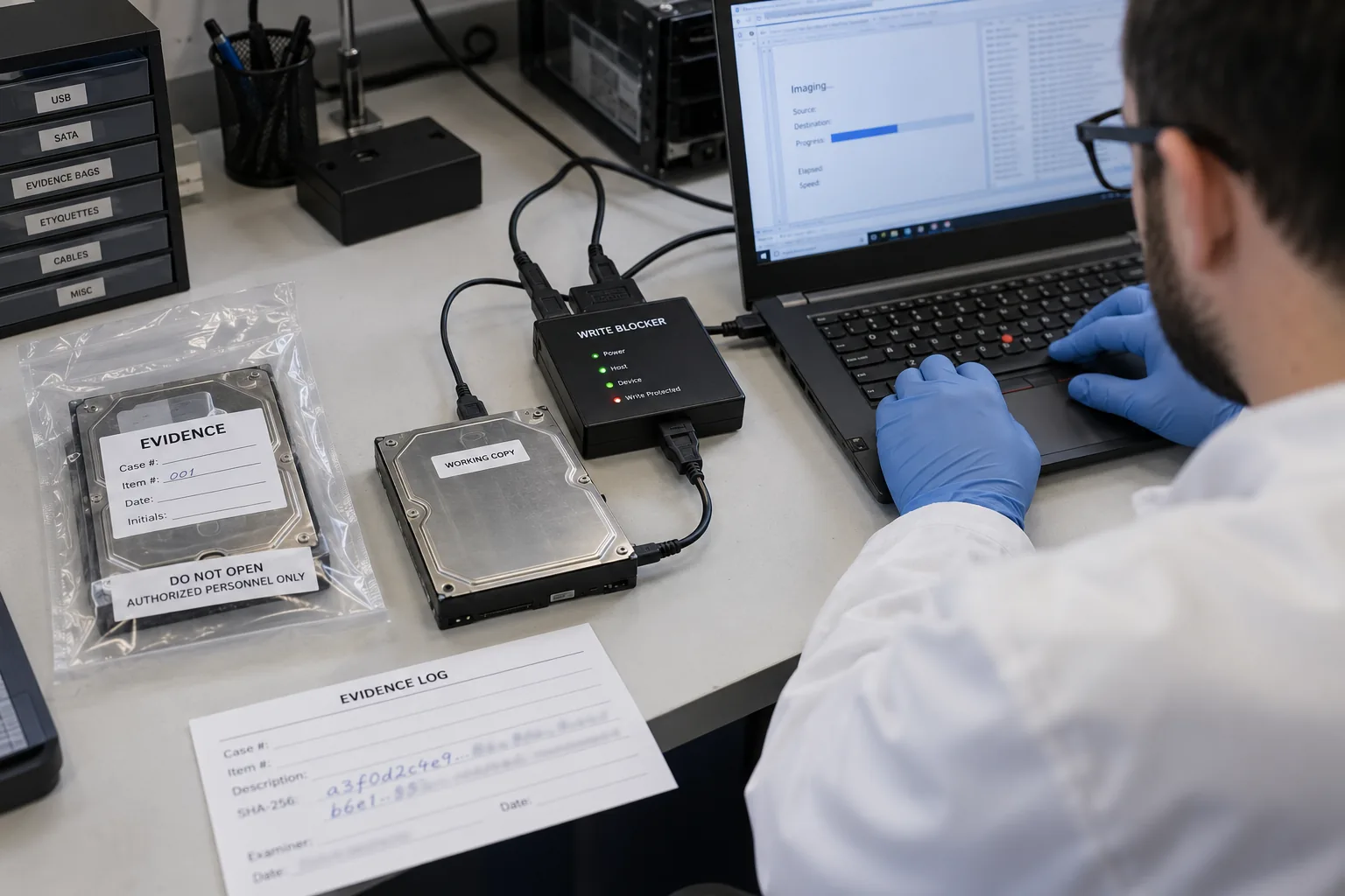 A digital examiner keeps the original Exchange database disconnected while examining a working copy through a write blocker