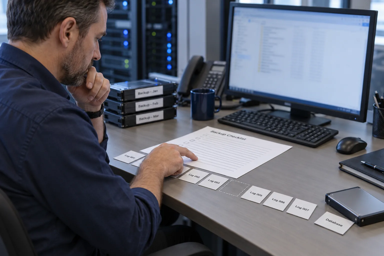 An Exchange administrator compares a backup checklist with the available transaction logs and finds a missing log