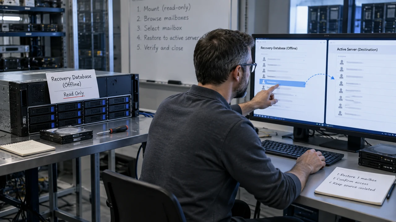 A Recovery Database is a separate place to open a compatible copy and restore selected mailboxes.