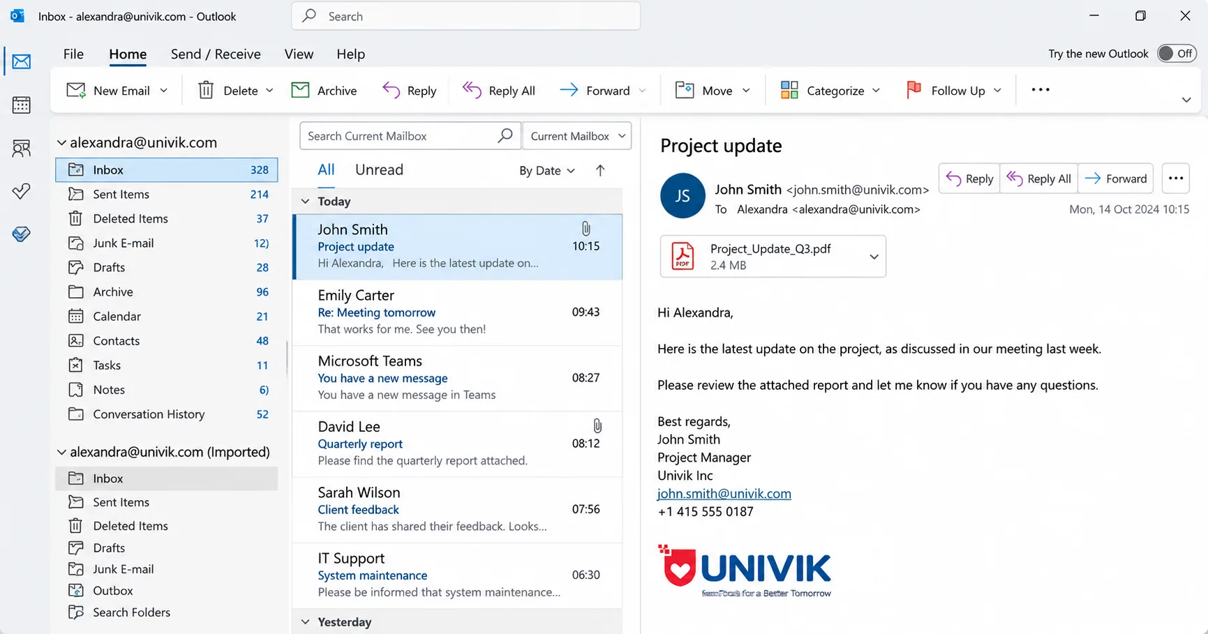 Exported PST opened in Outlook for Microsoft 365 as alexandra@univik.com (Imported) with its Inbox and a message with a PDF attachment
