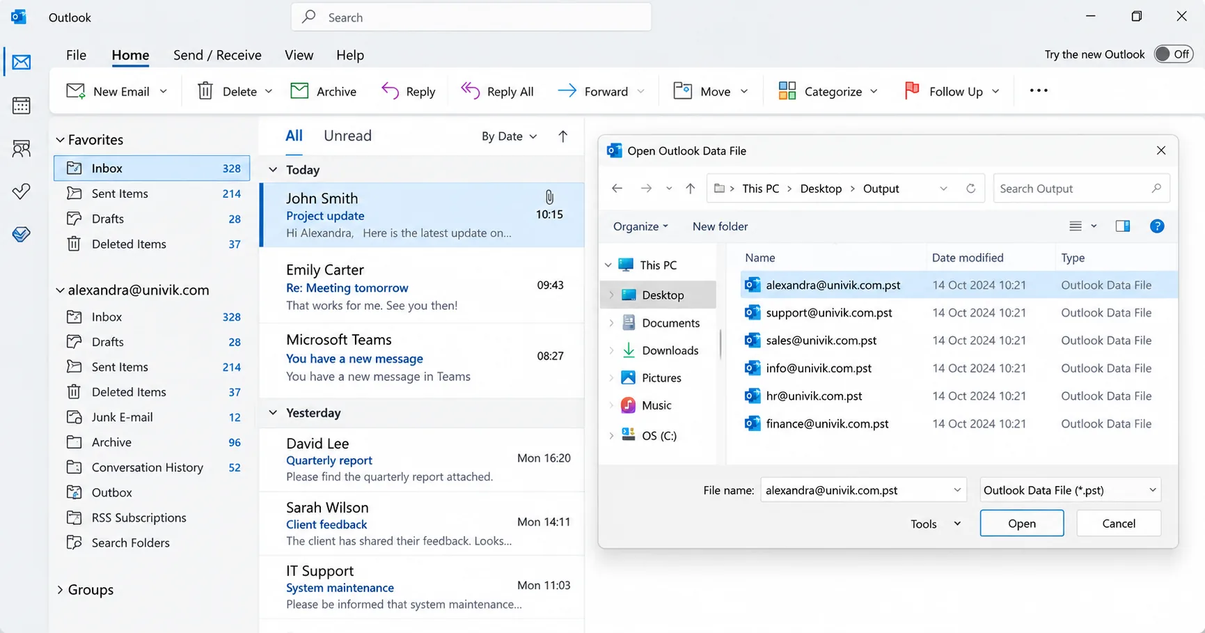 Open Outlook Data File dialog in Outlook for Microsoft 365 listing PST files exported from an Exchange database