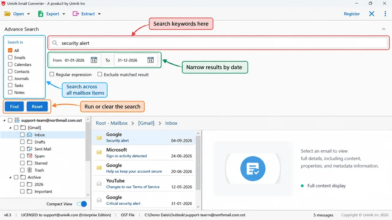 Univik Email Converter Advanced Search with a keyword box, Search In options for All, Emails, Calendars, Contacts, Journals, Tasks and Notes, a from and to date range, regular expression and exclude matched result options, and Find and Reset buttons