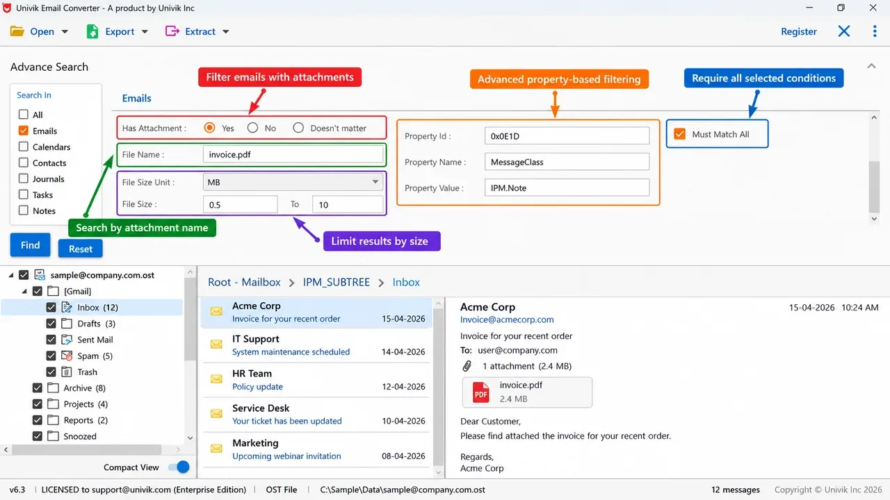 Univik Email Converter attachment search with has attachment, file name and file size range, and a property search by property id, name and value with a Must Match All option