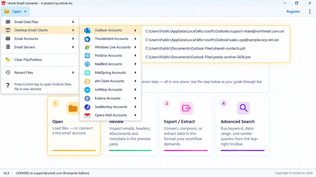 Univik Email Converter listing installed desktop email clients it detected on the PC with their account files