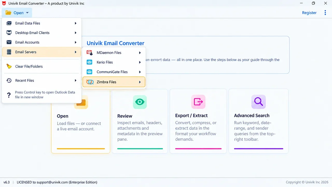 Univik Email Converter Email Servers menu listing MDaemon, Kerio, CommuniGate and Zimbra files