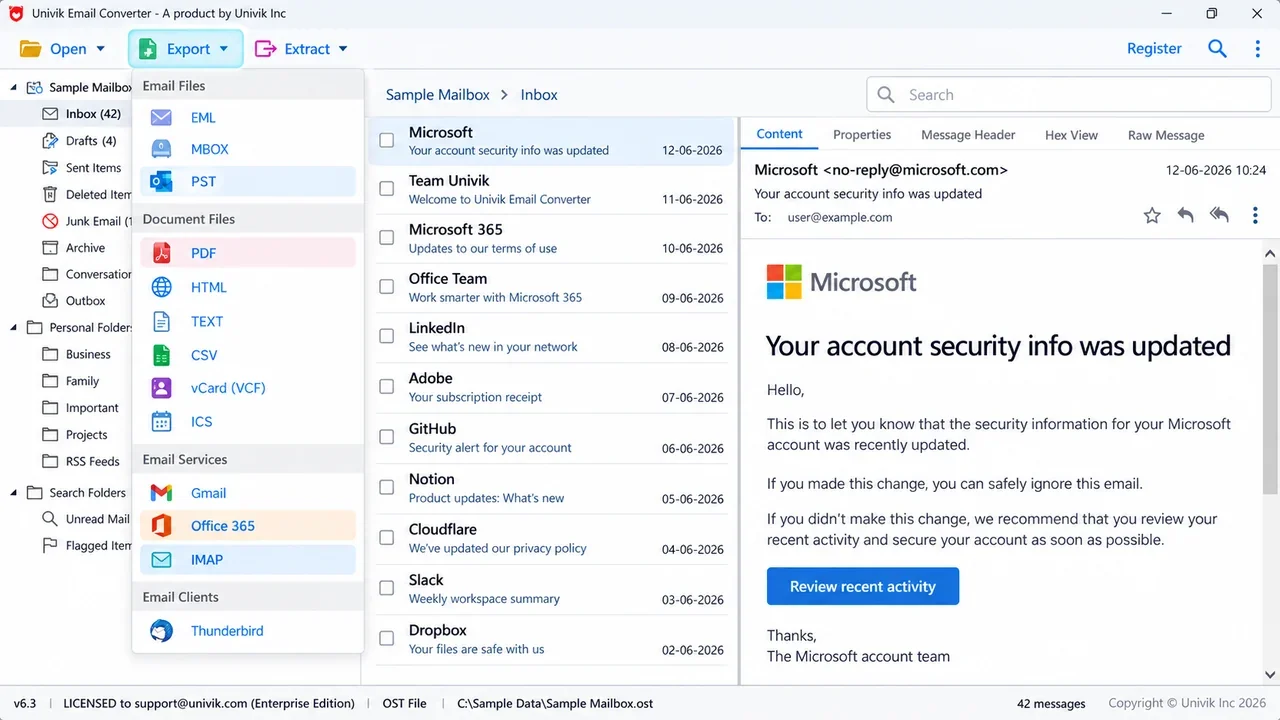 Univik Email Converter Export menu grouped into Email Files, Document Files, Email Services and Email Clients