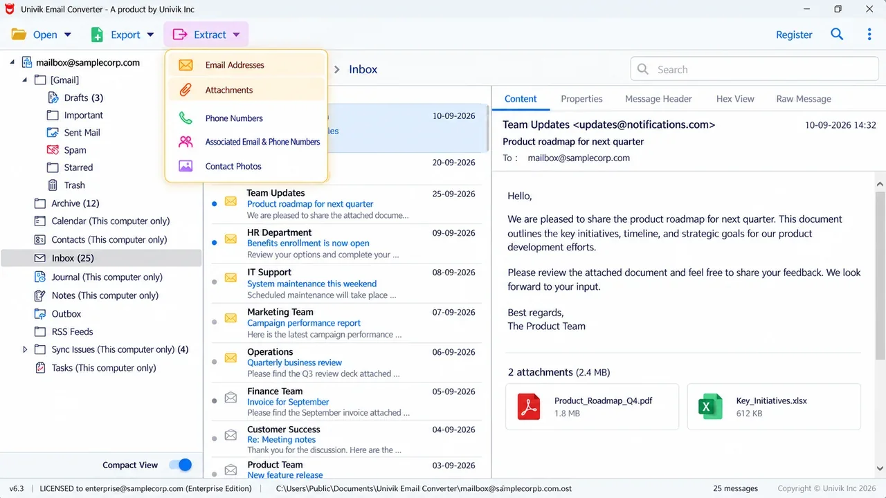 Univik Email Converter Extract menu with Email Addresses, Attachments, Phone Numbers, Associated Email and Phone Numbers, and Contact Photos