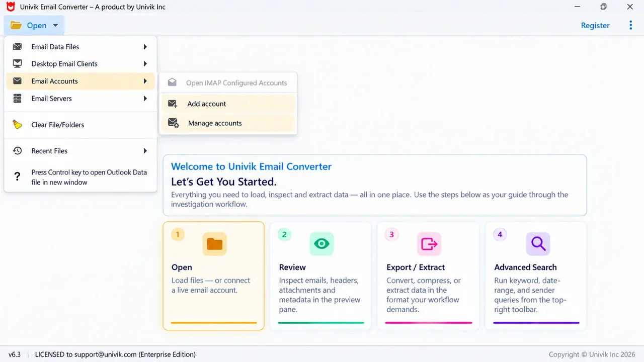 Univik Email Converter sign-in screen for Gmail, Google Workspace, Office 365, Microsoft 365 and other IMAP accounts