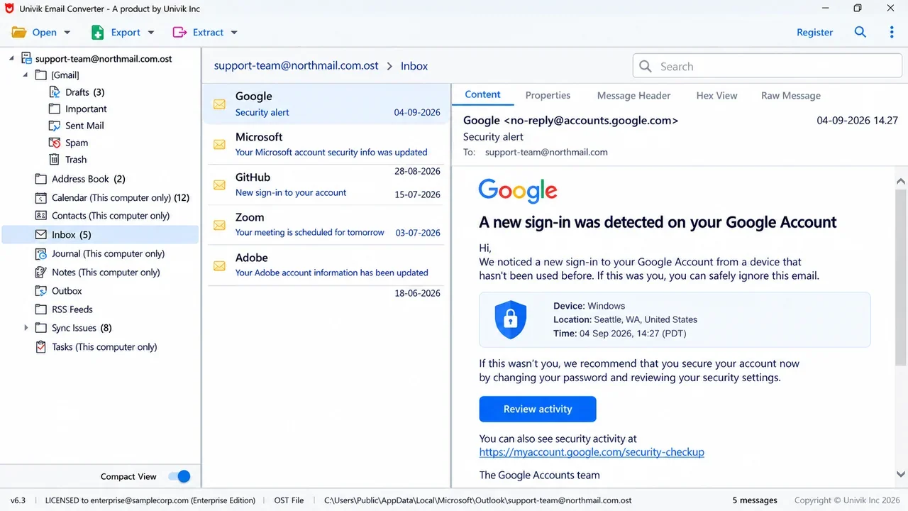 Univik Email Converter previewing an email with Content, Properties, Message Header, Hex View and Raw Message tabs