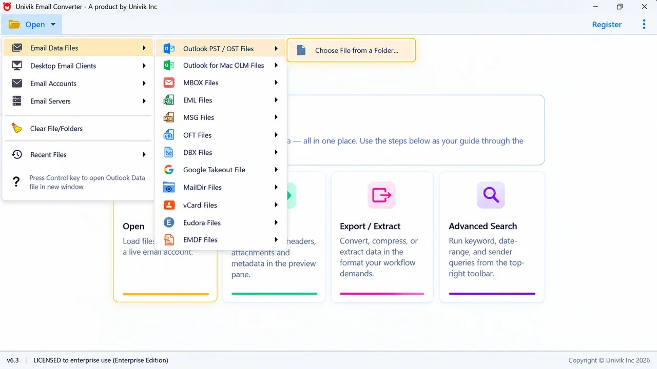 Univik Email Converter Open menu listing MBOX and other email sources plus installed clients